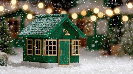 Wall Mural - miniature green house with snow and bokeh lights creates a festive winter scene, evoking holiday war