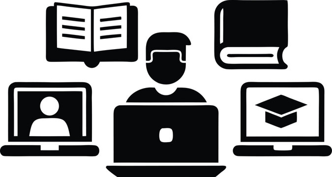 Photo of an online education concept featuring a student studying with a laptop, books, and digital learning resources