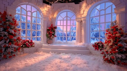 Wall Mural - Elegant winter scene with snow-covered arches and vibrant red floral arrangements, framed by large windows overlooking a snowy landscape.