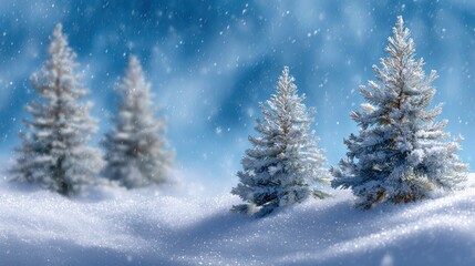 Wall Mural - Snow-covered pine trees in a tranquil winter landscape with falling snowflakes against a bright blue sky.