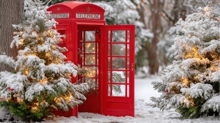Wall Mural - A red telephone booth stands in a snowy landscape, surrounded by snow-covered Christmas trees adorned with warm, glowing lights.