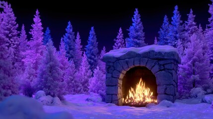 Wall Mural - A cozy stone fireplace glows warmly amidst a snowy forest under a vibrant purple and blue night sky, creating a serene winter wonderland scene.