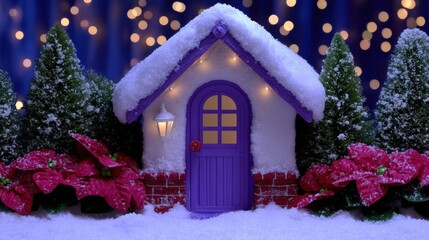Wall Mural - snow-covered miniature house with glowing lights, surrounded by trees and red poinsettias, set again