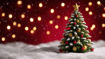 Wall Mural - Festive Christmas tree adorned with red and gold ornaments, set against a snowy backdrop with glowing lights and a red background.