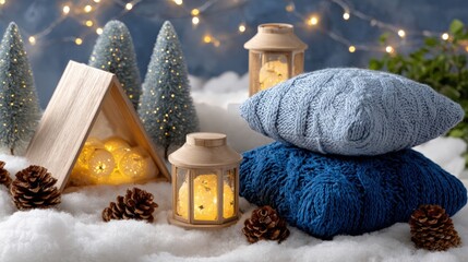 Wall Mural - Cozy winter scene with knitted pillows, pinecones, lanterns, and miniature trees on snow, illuminated by warm fairy lights in a festive setting.