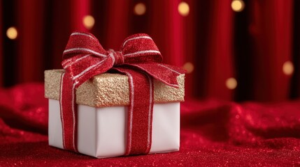 Wall Mural - A beautifully wrapped white gift box with a red and gold ribbon sits against a festive red background with bokeh lights.