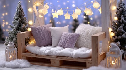 Wall Mural - Cozy winter scene with a wooden bench, fluffy pillows, lanterns, and string lights, surrounded by snow and decorated trees.