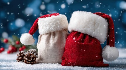 Wall Mural - Two festive sacks with Santa hats in snow, surrounded by pinecones and holly berries, creating a cozy winter holiday scene.