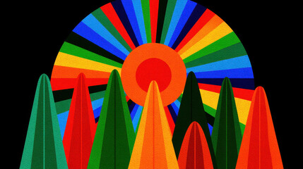 Poster - Abstract Rainbow Sun and Triangle Trees - Retro Illustration