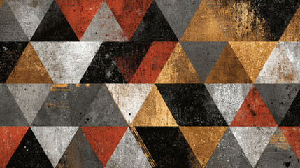 Poster - Geometric Triangle Pattern with Grunge Texture, Orange, Black, and Gray