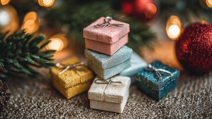 Wall Mural - Three small gift boxes wrapped in colorful paper placed on a wooden table in natural daylight.