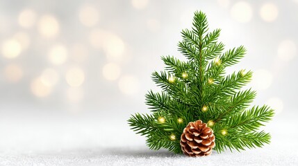 Wall Mural - small christmas tree with pine cone and lights on snow, bokeh background.