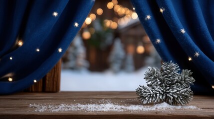 Wall Mural - Festive winter scene with a blue curtain, star lights, and a snow-dusted pine branch on a wooden surface, creating a cozy holiday atmosphere.