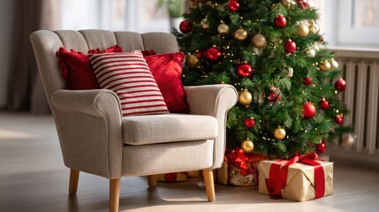 Wall Mural - chair with red and gold pillows beside a decorated Christmas tree in cozy indoor setting.