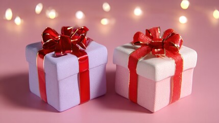 Wall Mural - Two gift boxes with red bows on a pink background, illuminated by festive lights, conveying a celebratory and joyful atmosphere.