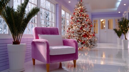 Wall Mural - Cozy pink chair by a decorated Christmas tree in a bright room with large windows and indoor plants, creating a festive and inviting atmosphere.