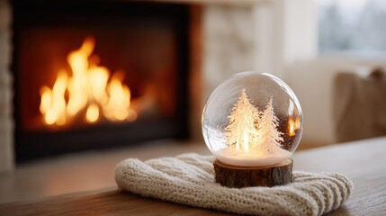 Wall Mural - Cozy winter scene with a snow globe featuring trees, placed on a knitted cloth in front of a warm, glowing fireplace.