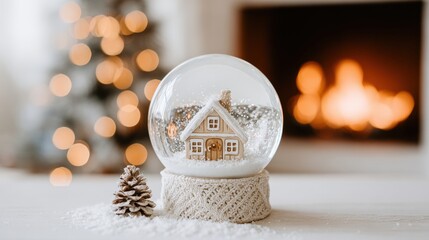 Wall Mural - A cozy winter scene with a snow globe featuring a quaint house, a pine cone, and a softly lit fireplace in the background, evoking holiday warmth.