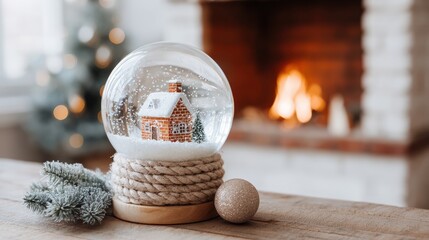 Wall Mural - A cozy winter scene with a snow globe featuring a house, set on a wooden table near a warm fireplace, with festive decorations.