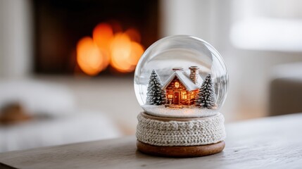 Poster - a cozy snow globe with a cabin and trees, placed on a table with a warm fireplace in the background,