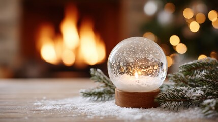 Wall Mural - A snow globe with a candle inside sits on a snowy wooden table, surrounded by pine branches, with a warm fireplace and festive lights in the background.