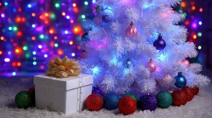 Wall Mural - A white Christmas tree adorned with colorful baubles and lights beside a gift box, set against a backdrop of vibrant, blurred holiday lights.