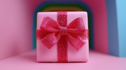 Wall Mural - A pink gift box with a glittery red bow sits on a pink surface, framed by colorful arches, creating a festive and vibrant atmosphere.