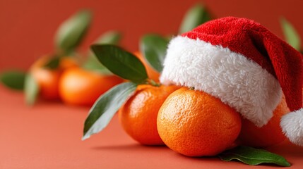 Wall Mural - Fresh tangerines with green leaves are adorned with a festive Santa hat against a warm orange background, creating a cheerful holiday atmosphere.
