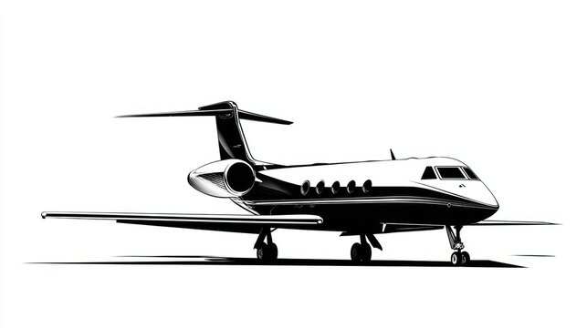 Sleek monochrome rendition of a private jet, grounded, set against a stark white backdrop