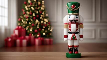 Wall Mural - Festive nutcracker figurine on a table with a decorated Christmas tree and gifts in the background, evoking holiday cheer.
