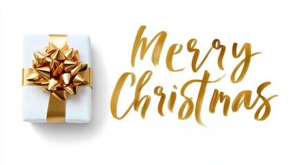 Wall Mural - A white gift box with a gold ribbon and bow sits beside golden 