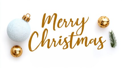 Wall Mural - Festive Christmas greeting with gold script, ornaments, and pine sprig on a white background.