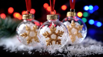 Wall Mural - close-up of glass christmas ornaments with gold snowflakes, surrounded by snow and colorful bokeh li