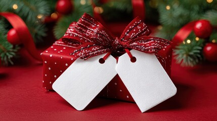 Wall Mural - Festive red gift box with polka dots and a bow, adorned with blank tags, surrounded by Christmas decorations and greenery.
