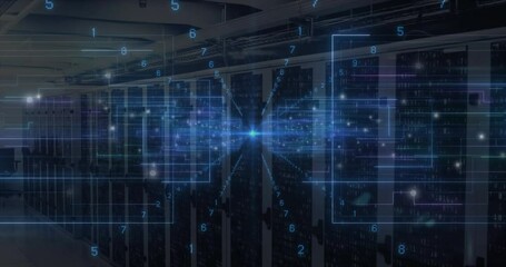 Poster - Bright blue node appearing, floating digits pulsing network grid lines over racks showing data flow