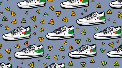 Poster - Funky Sneaker and Pizza Seamless Pattern, Vector Illustration on Grey Background