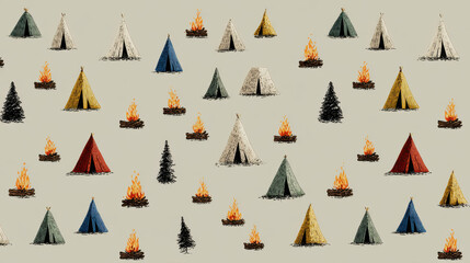 Poster - Camping Pattern with Tents and Campfires - Adventure Background