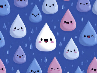 Poster - Cute Kawaii Rain Drops Pattern - Playful and Colorful Background