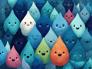 Poster - Happy Raindrops Pattern - Cute Cartoon Water Drops Background