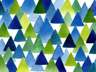 Poster - Blue and Green Triangle Pattern with Dots, Watercolor Abstract Background