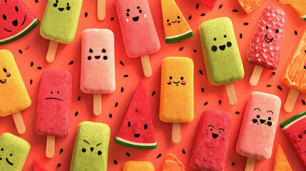 Poster - Colorful Cartoon Fruit Popsicles with Faces, Summer Fun