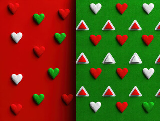 Poster - Festive Green and Red Heart & Triangle Pattern: Christmas Background