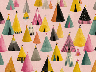 Poster - Playful Tent Village Pattern. Whimsical Campsite Illustration
