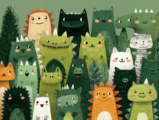 Poster - Illustration of Cute Cartoon Monsters in a Forest
