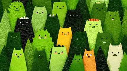Poster - Cute Cartoon Monsters in a Green Forest Illustration