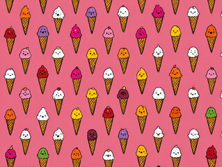 Poster - Colorful Cute Ice Cream Cone Seamless Pattern on Pink Background