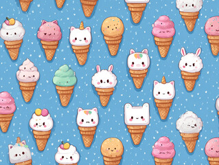 Poster - Pastel Ice Cream Animals Seamless Pattern on Blue Background