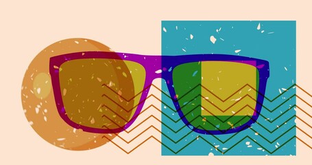 Poster - Risograph Sunglasses with geometric shapes animation. Moving object in trendy riso graph design video.