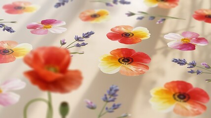 Wall Mural - red orange yellow pink flowers lavender sprigs floral poppy