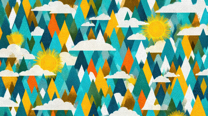 Poster - Abstract Mountain Landscape with Clouds and Sun Pattern
